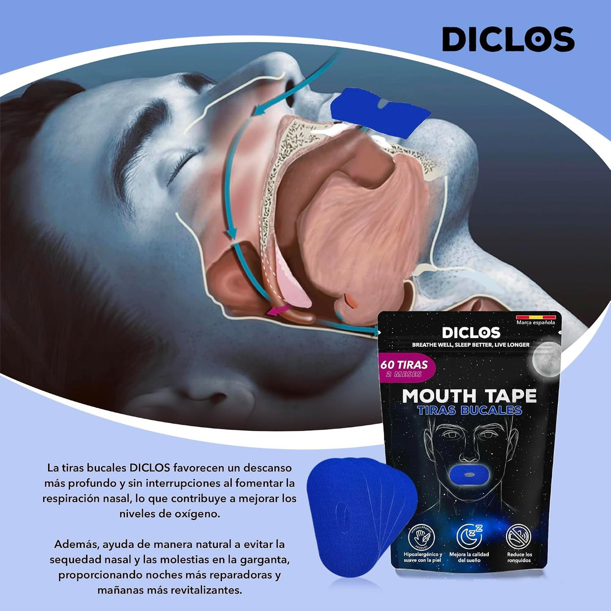PACK 60 TIRAS BUCALES Para Dormir. Mouth Tape for Sleeping. Cinta Bucal Antironquidos. Tapa Bocas Para No Roncar. Tape Bucal. Cinta Boca Para Dormir. Parches Boca Cerrada. (Azul Con Orificio)