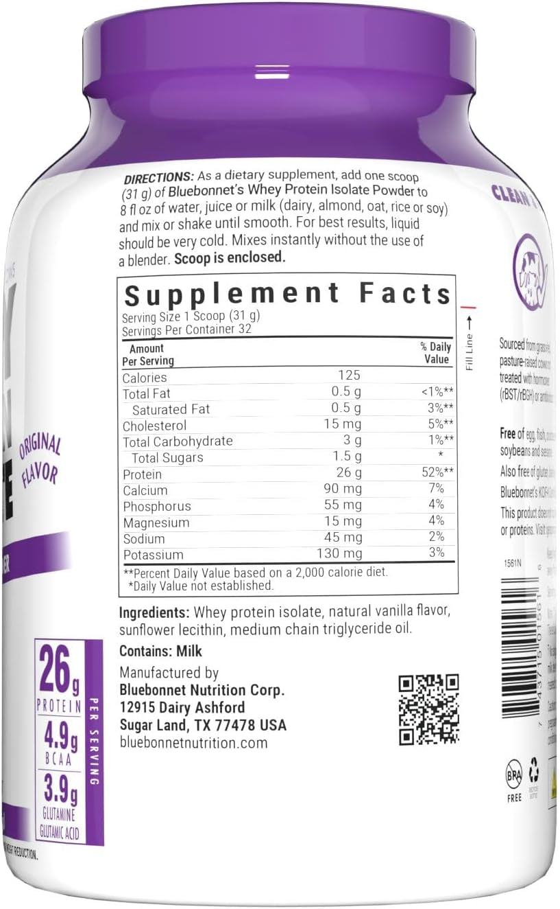 Nutrition Whey Protein Isolate Powder, Whey from Grass Fed Cows, 26 Grams of Protein, No Sugar Added, Gluten Free, Soy Free, Kosher Dairy, 2.2 Lbs, 32 Servings, Original Unflavored