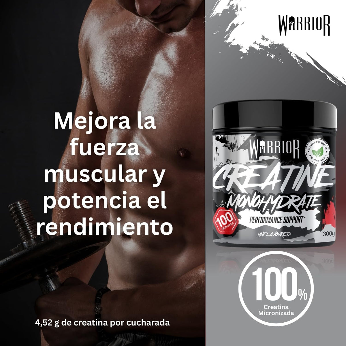 Monohidrato De Creatina En Polvo  300G (100 Raciones) - Micronizado Para Facilitar La Mezcla Y El Consumo - Mejora El Rendimiento Físico/Recuperación - Sin Gominolas Ni Comprimidos (Sin Sabor)