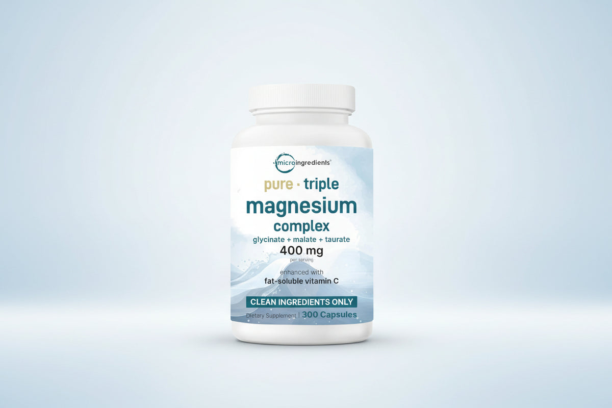 Pure Magnesium Complex, 300 Capsules | Triple Magnesium Glycinate, Malate, Taurate with Vitamin C | 100% Chelated | Supports Muscles, Nerves, & Energy | Only Active Ingredients