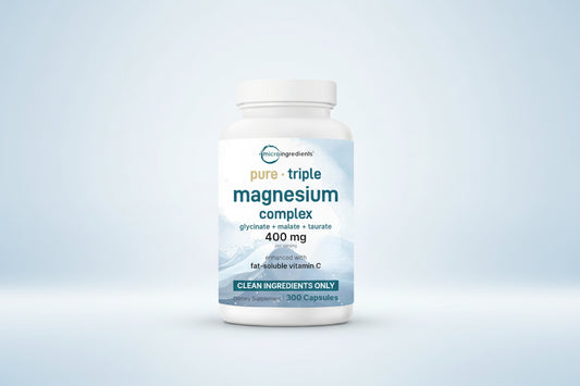 Pure Magnesium Complex, 300 Capsules | Triple Magnesium Glycinate, Malate, Taurate with Vitamin C | 100% Chelated | Supports Muscles, Nerves, & Energy | Only Active Ingredients
