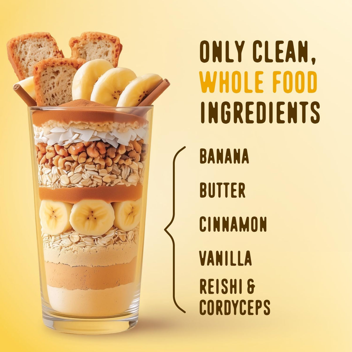 All in One Protein Shake Powder, Banana Bread - on the Go Meal Alternative + Collagen Peptides, Reishi & Cordyceps - Focus, Skin, Hair & Joint Support - 100% Grass Fed Whey, 20 Servings