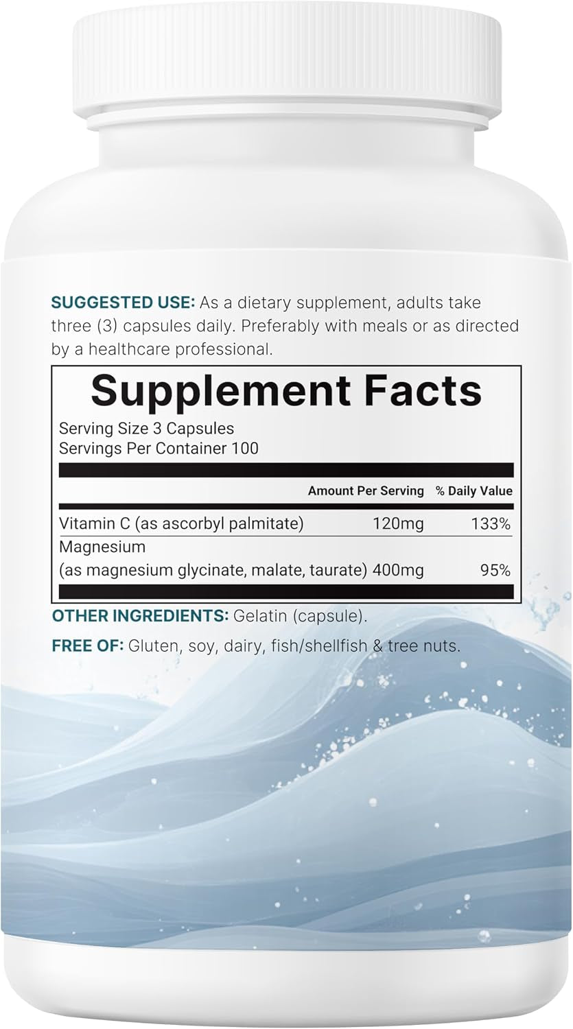Pure Magnesium Complex, 300 Capsules | Triple Magnesium Glycinate, Malate, Taurate with Vitamin C | 100% Chelated | Supports Muscles, Nerves, & Energy | Only Active Ingredients