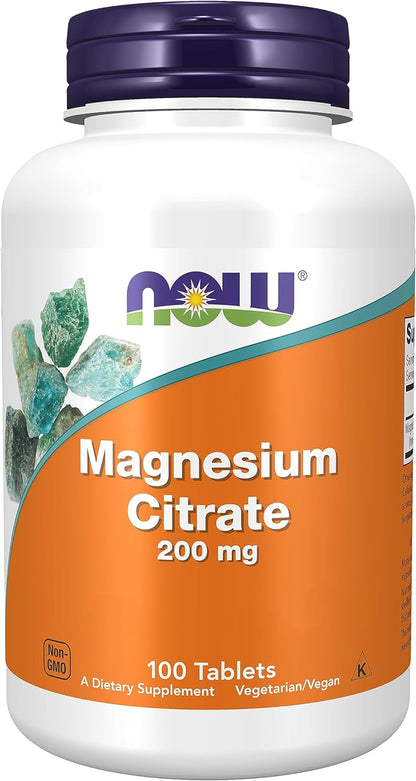 Now Foods, Magnesium Citrate, 200Mg Magnesio, 100 Tabletas Veganas, Probado En Laboratorio, Vegetariano, Sin Gluten, Sin Soja, No GMO