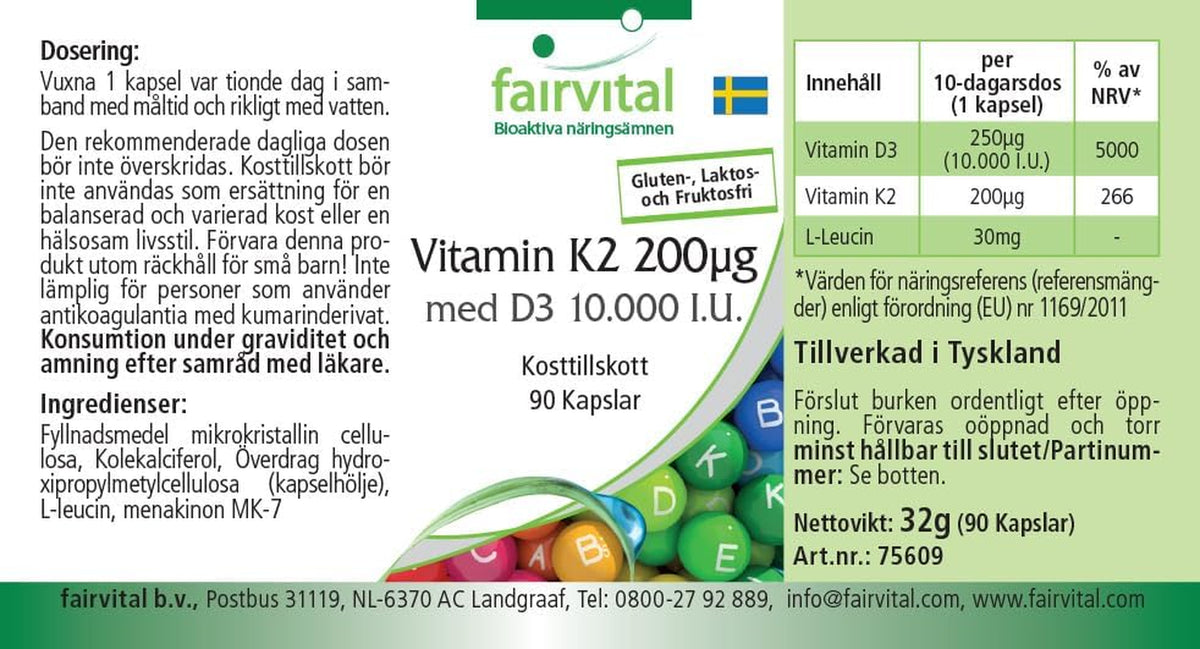 Fairvital Vitamina D3 + K2, 90 Cápsulas, Fáciles De Tragar, Vitamina D3 10 000 UI De Liberación Prolongada + Vitamina K2 MK-7 200 Mcg Por Cápsula, ALTA DOSIS, Solo 1 Cápsula Cada 10 Días