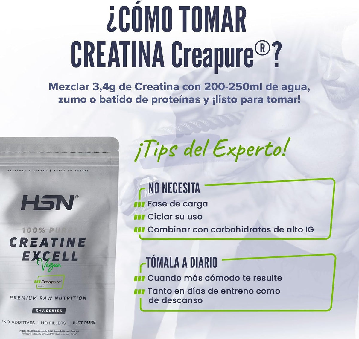 HSN Creatina Excell 100% Creapure® En Polvo - Sin Sabor 500 G | 100% Puro Monohidrato De Creatina Sin Añadidos. Libre De DCD O DHT. No Incluye Dosificador.