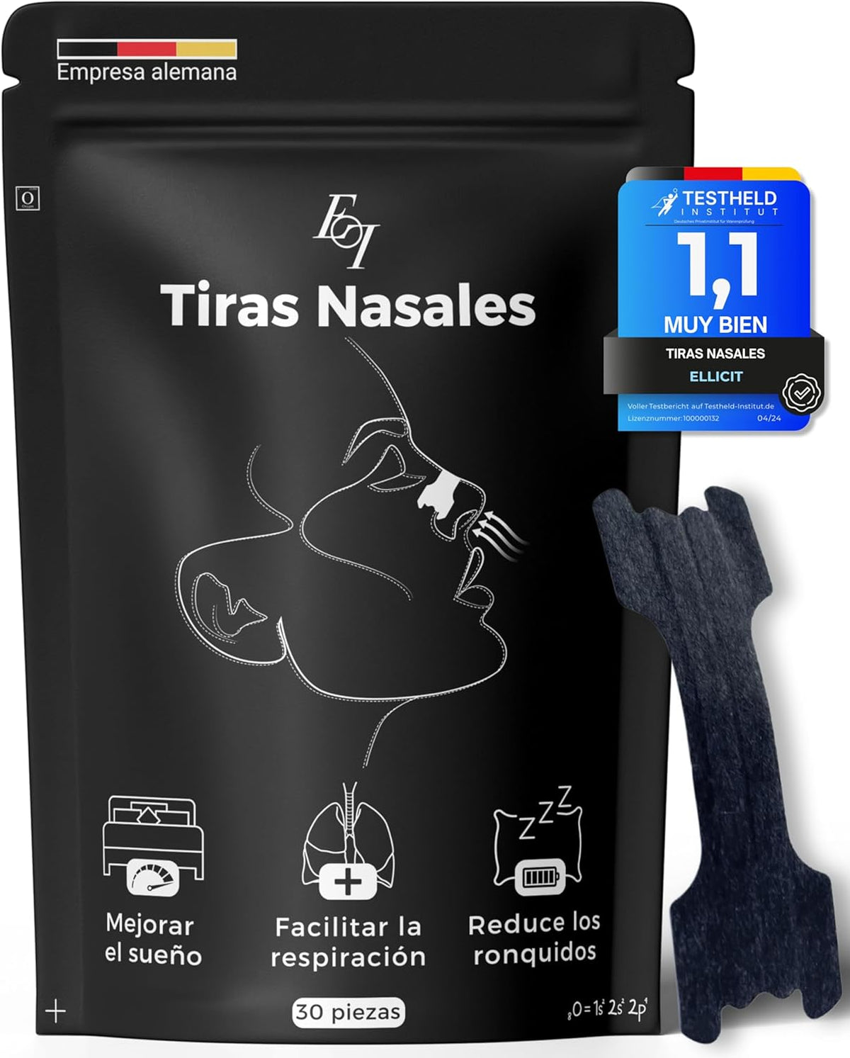 Ellicit® Tiras Nasales Negras, Paquete De 30 Tiras Nasales Premium, Contra Los Ronquidos, Soporte Extra Para Deportes Y Mejor Calidad Del Sueño, Mejor Respiración Con La Nariz Tapada [Talla Universal]