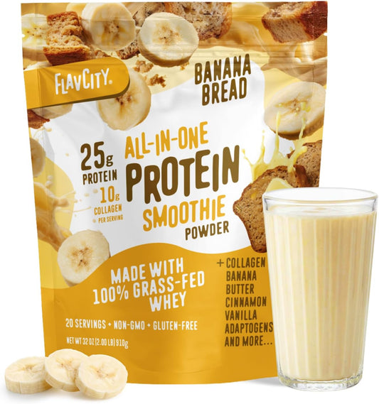 All in One Protein Shake Powder, Banana Bread - on the Go Meal Alternative + Collagen Peptides, Reishi & Cordyceps - Focus, Skin, Hair & Joint Support - 100% Grass Fed Whey, 20 Servings