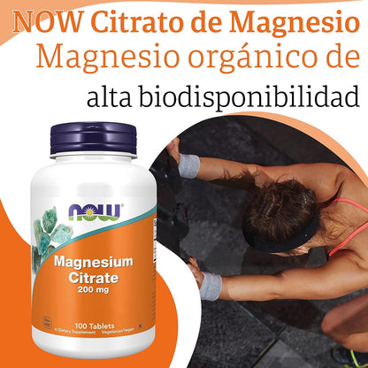 Now Foods, Magnesium Citrate, 200Mg Magnesio, 100 Tabletas Veganas, Probado En Laboratorio, Vegetariano, Sin Gluten, Sin Soja, No GMO