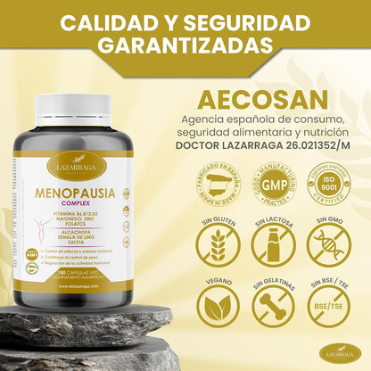 MENOPAUSIA COMPLEX 9 EN 1 | Control De Sofocos | Alivia El Hinchazón Abdominal | Vientre Plano | Sin Soja Ni Conservantes | 3 Meses De Tratamiento | 180 Cápsulas Veganas | Lazarraga