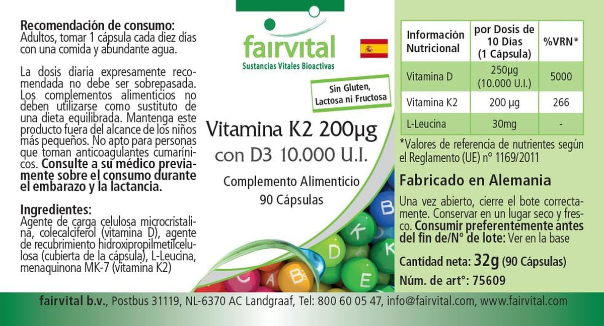 Fairvital Vitamina D3 + K2, 90 Cápsulas, Fáciles De Tragar, Vitamina D3 10 000 UI De Liberación Prolongada + Vitamina K2 MK-7 200 Mcg Por Cápsula, ALTA DOSIS, Solo 1 Cápsula Cada 10 Días