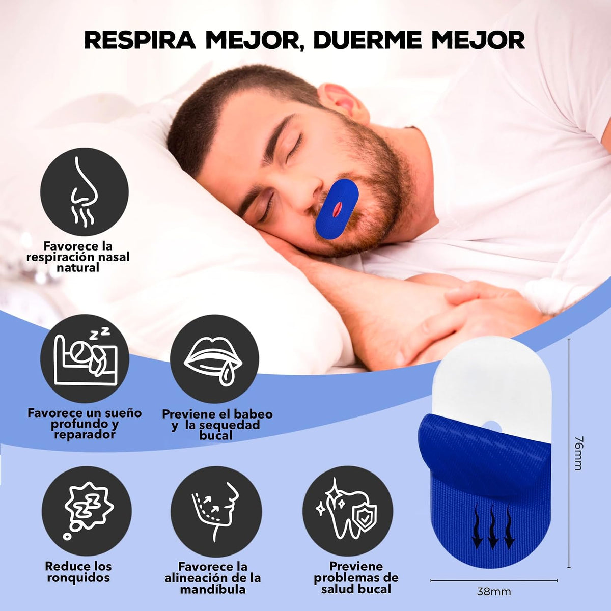 PACK 60 TIRAS BUCALES Para Dormir. Mouth Tape for Sleeping. Cinta Bucal Antironquidos. Tapa Bocas Para No Roncar. Tape Bucal. Cinta Boca Para Dormir. Parches Boca Cerrada. (Azul Con Orificio)