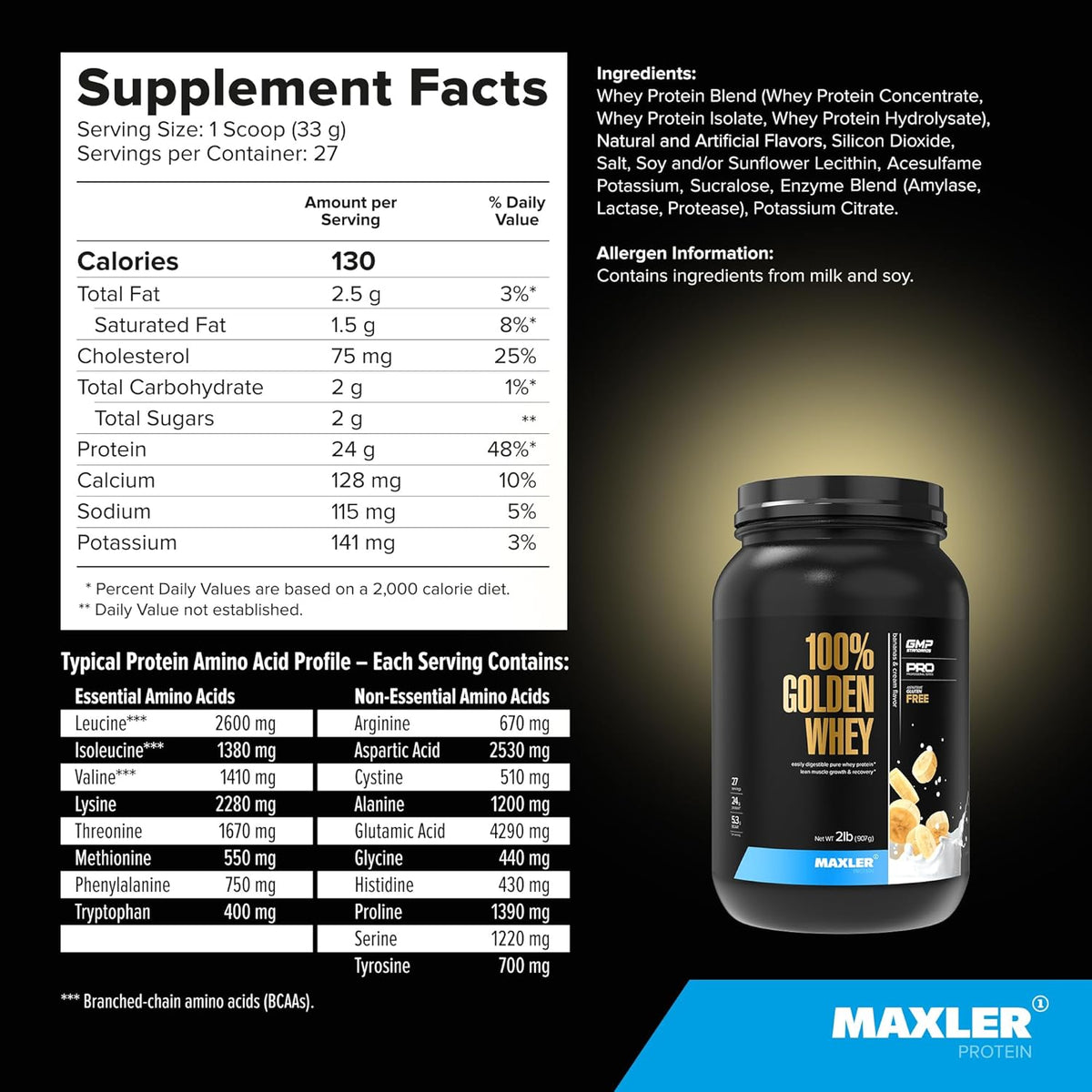 100% Golden Whey Protein - 24G of Protein per Serving - Whey Protein Powder for Pre Post Workout - Fast-Absorbing Whey Concentrate, Isolate & Hydrolysate Blend - Bananas & Cream 2 Lb