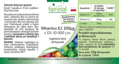 Fairvital Vitamina D3 + K2, 90 Cápsulas, Fáciles De Tragar, Vitamina D3 10 000 UI De Liberación Prolongada + Vitamina K2 MK-7 200 Mcg Por Cápsula, ALTA DOSIS, Solo 1 Cápsula Cada 10 Días