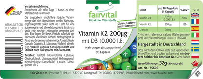 Fairvital Vitamina D3 + K2, 90 Cápsulas, Fáciles De Tragar, Vitamina D3 10 000 UI De Liberación Prolongada + Vitamina K2 MK-7 200 Mcg Por Cápsula, ALTA DOSIS, Solo 1 Cápsula Cada 10 Días