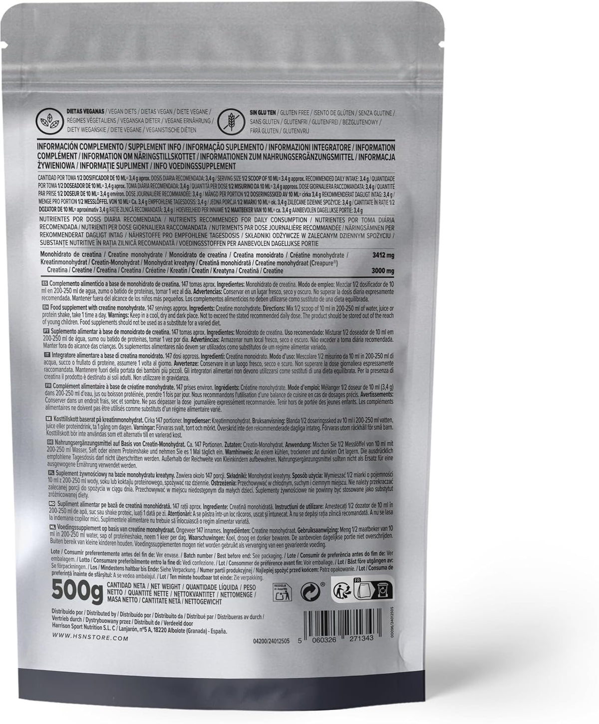 HSN Creatina Excell 100% Creapure® En Polvo - Sin Sabor 500 G | 100% Puro Monohidrato De Creatina Sin Añadidos. Libre De DCD O DHT. No Incluye Dosificador.