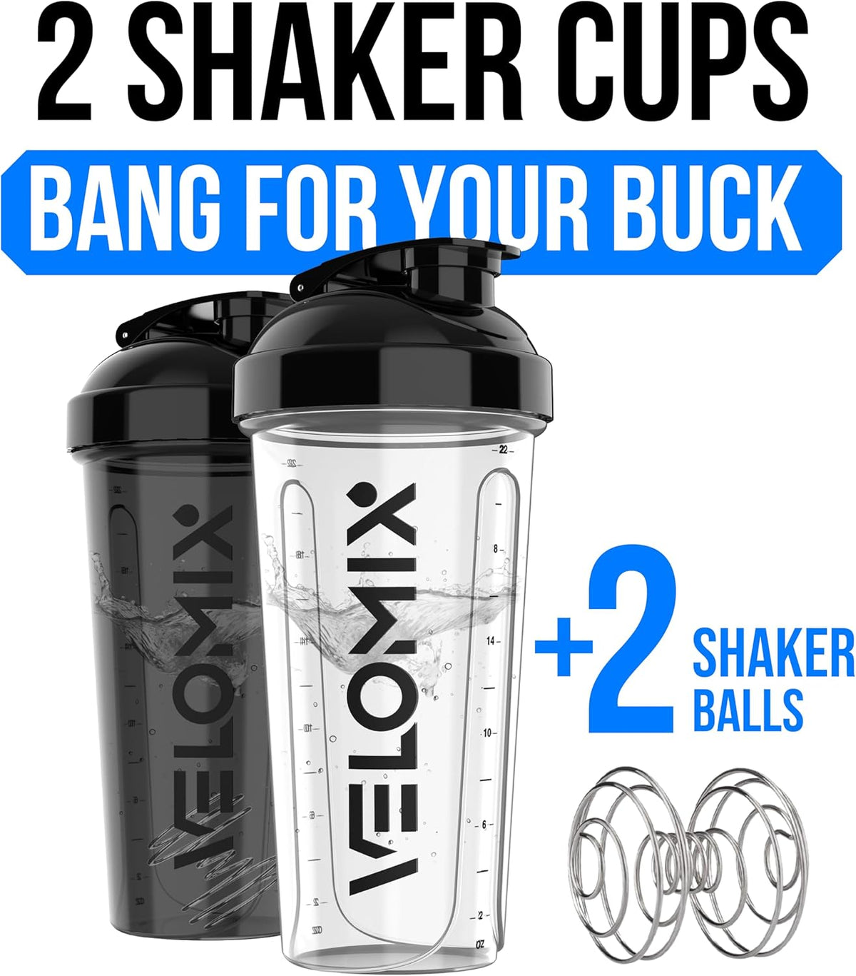 -2 Pack- 28 Oz Protein Shaker Bottles for Protein Mixes - 2X Wire Whisk | Leak Proof Shaker Cups for Protein Shakes | Protein Shaker Bottle Pack (Black/Transparent)