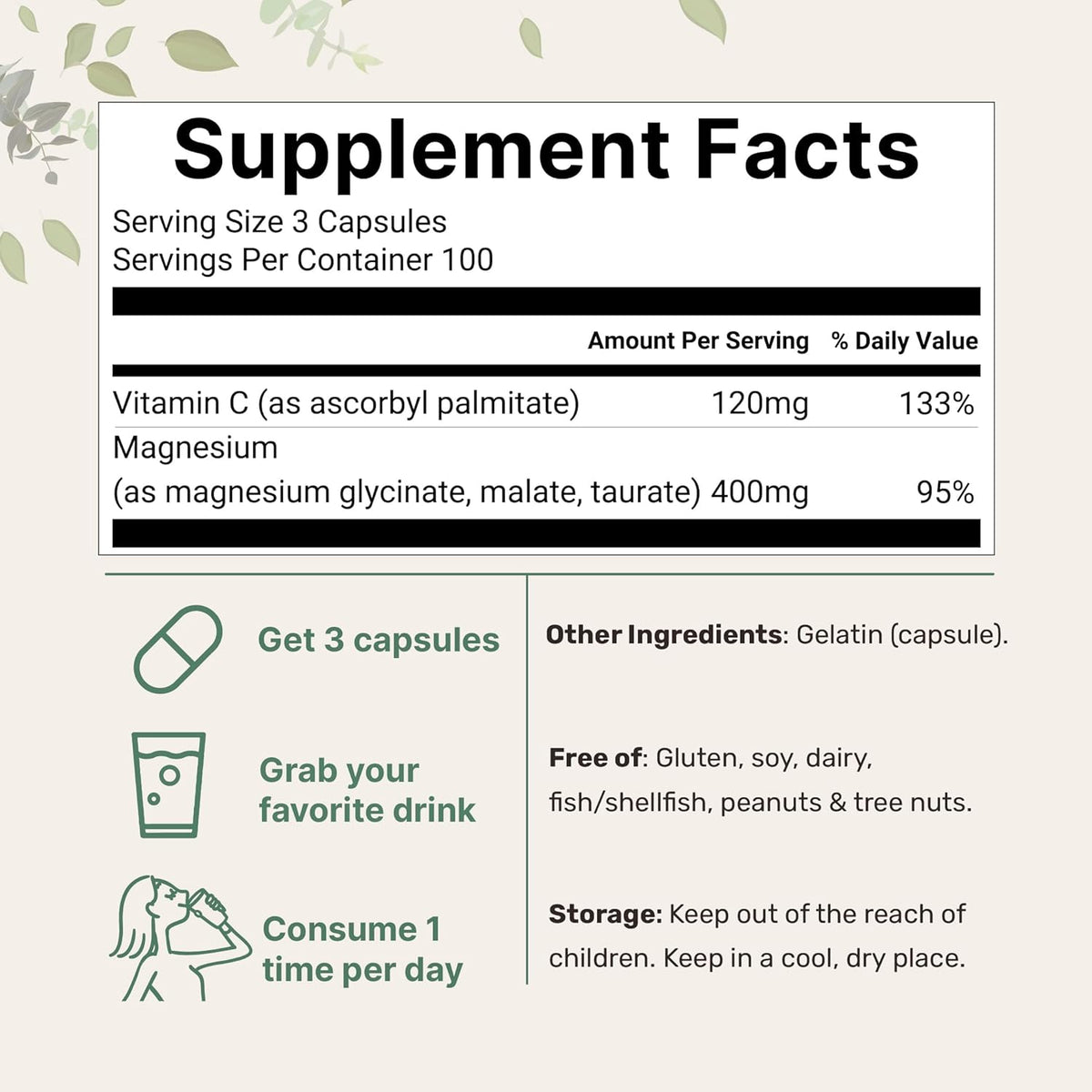 Pure Magnesium Complex, 300 Capsules | Triple Magnesium Glycinate, Malate, Taurate with Vitamin C | 100% Chelated | Supports Muscles, Nerves, & Energy | Only Active Ingredients
