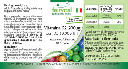 Fairvital Vitamina D3 + K2, 90 Cápsulas, Fáciles De Tragar, Vitamina D3 10 000 UI De Liberación Prolongada + Vitamina K2 MK-7 200 Mcg Por Cápsula, ALTA DOSIS, Solo 1 Cápsula Cada 10 Días
