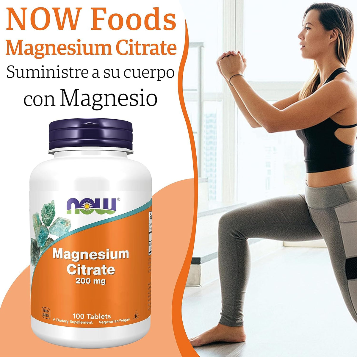 Now Foods, Magnesium Citrate, 200Mg Magnesio, 100 Tabletas Veganas, Probado En Laboratorio, Vegetariano, Sin Gluten, Sin Soja, No GMO