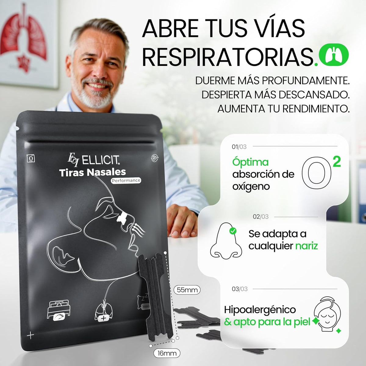 Ellicit® Tiras Nasales Negras, Paquete De 30 Tiras Nasales Premium, Contra Los Ronquidos, Soporte Extra Para Deportes Y Mejor Calidad Del Sueño, Mejor Respiración Con La Nariz Tapada [Talla Universal]