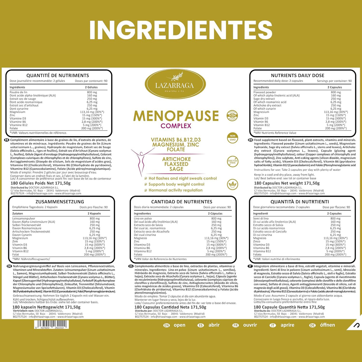 MENOPAUSIA COMPLEX 9 EN 1 | Control De Sofocos | Alivia El Hinchazón Abdominal | Vientre Plano | Sin Soja Ni Conservantes | 3 Meses De Tratamiento | 180 Cápsulas Veganas | Lazarraga