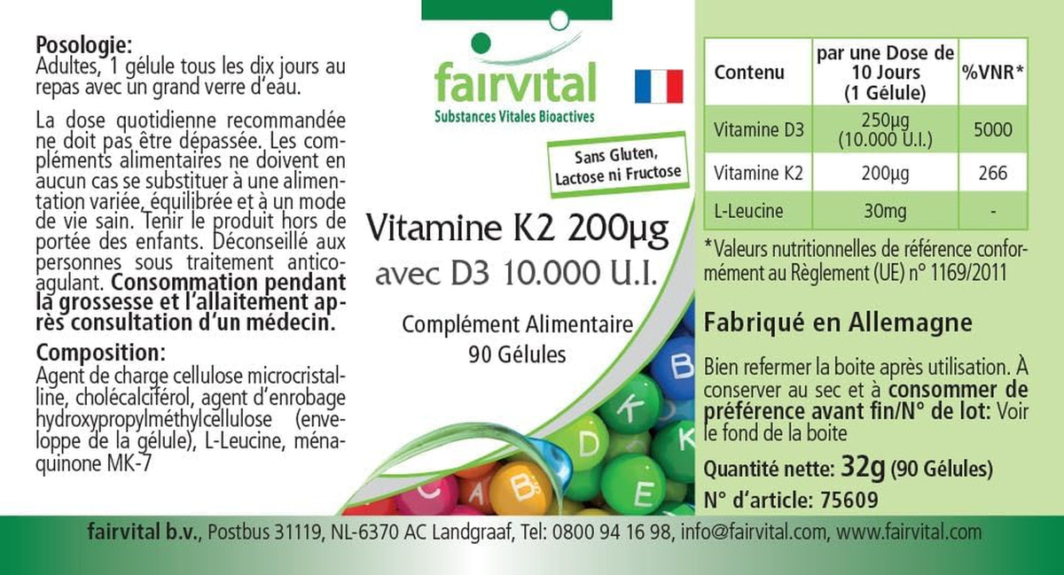 Fairvital Vitamina D3 + K2, 90 Cápsulas, Fáciles De Tragar, Vitamina D3 10 000 UI De Liberación Prolongada + Vitamina K2 MK-7 200 Mcg Por Cápsula, ALTA DOSIS, Solo 1 Cápsula Cada 10 Días