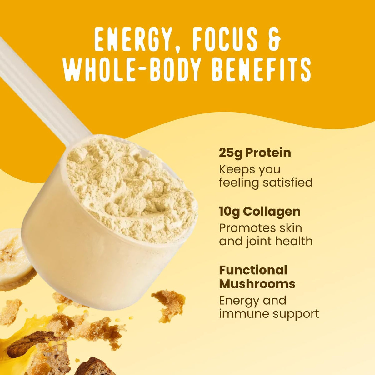 All in One Protein Shake Powder, Banana Bread - on the Go Meal Alternative + Collagen Peptides, Reishi & Cordyceps - Focus, Skin, Hair & Joint Support - 100% Grass Fed Whey, 20 Servings