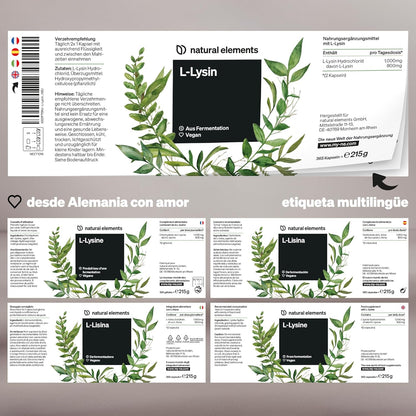 L-Lisina - Fabricado En Alemania - 365 Cápsulas - 1.000 Mg Por Dosis Diaria - Procedente De Fermentación Vegetal - Producto Vegano, Alta Dosificación, Sin Aditivos