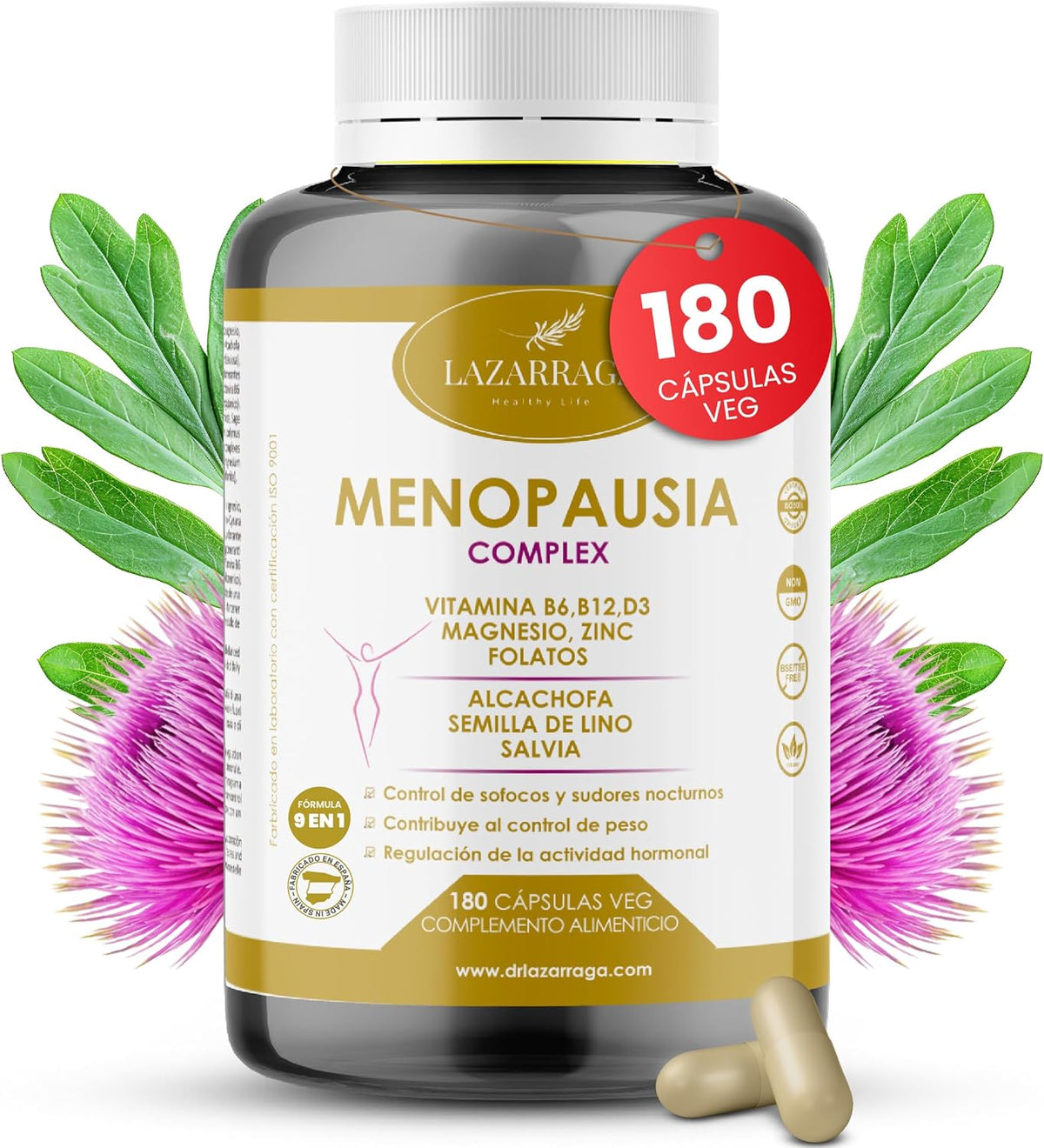 MENOPAUSIA COMPLEX 9 EN 1 | Control De Sofocos | Alivia El Hinchazón Abdominal | Vientre Plano | Sin Soja Ni Conservantes | 3 Meses De Tratamiento | 180 Cápsulas Veganas | Lazarraga