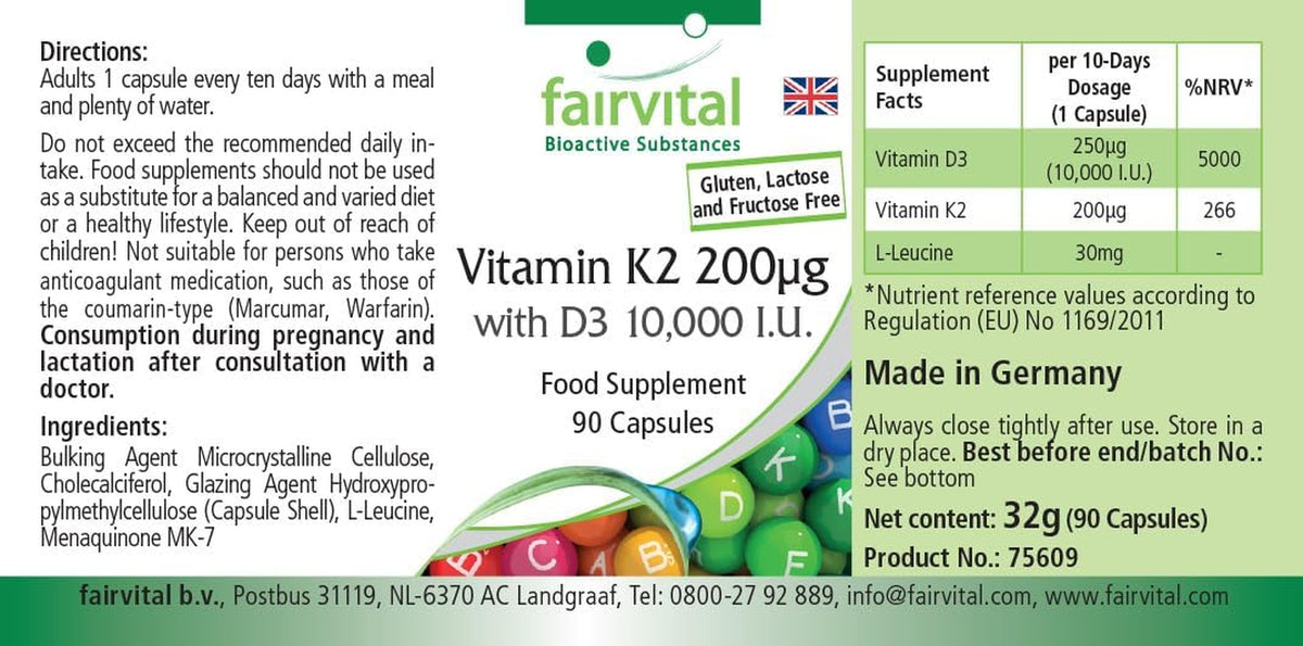 Fairvital Vitamina D3 + K2, 90 Cápsulas, Fáciles De Tragar, Vitamina D3 10 000 UI De Liberación Prolongada + Vitamina K2 MK-7 200 Mcg Por Cápsula, ALTA DOSIS, Solo 1 Cápsula Cada 10 Días