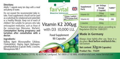 Fairvital Vitamina D3 + K2, 90 Cápsulas, Fáciles De Tragar, Vitamina D3 10 000 UI De Liberación Prolongada + Vitamina K2 MK-7 200 Mcg Por Cápsula, ALTA DOSIS, Solo 1 Cápsula Cada 10 Días