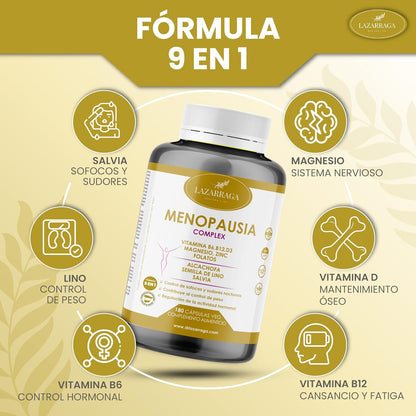 MENOPAUSIA COMPLEX 9 EN 1 | Control De Sofocos | Alivia El Hinchazón Abdominal | Vientre Plano | Sin Soja Ni Conservantes | 3 Meses De Tratamiento | 180 Cápsulas Veganas | Lazarraga